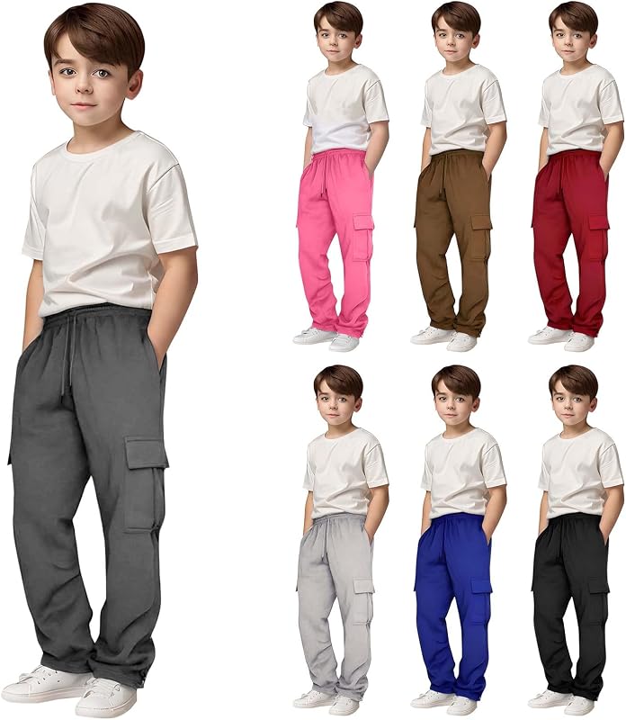Boys Cargo Jogger Sweatpants Athletic Workout Kids with Pockets Performance Elastic High Wait Joggers Trousers