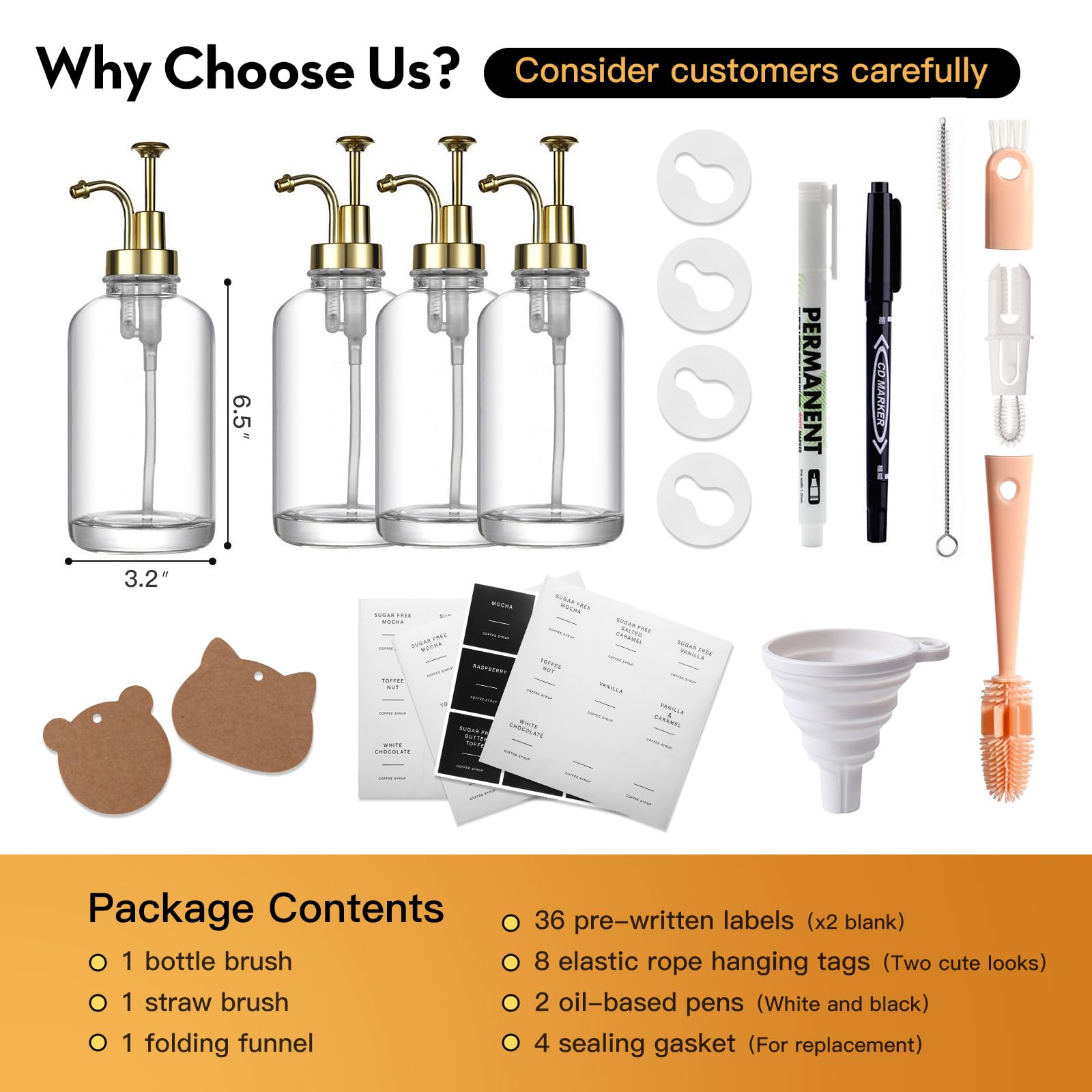 CNWSGEM Coffee Syrup Dispenser,Coffee Bar Accessories,4-Pack,16.9 Ounce,Syrup Pump Dispenser for Coffee Bar,Contains Multi-style Labels, Cleaning Tools, Funnel,Pen