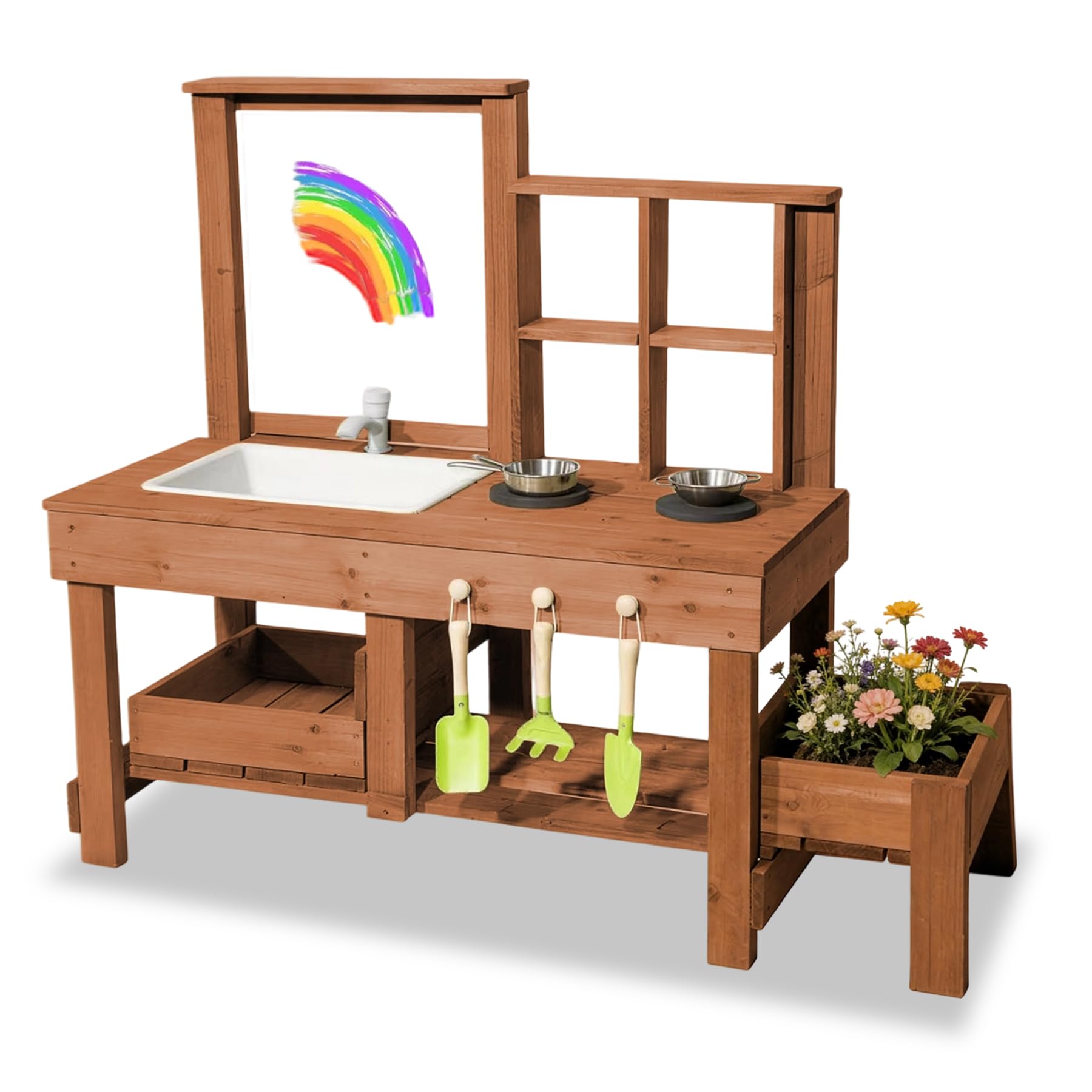 Mud Kitchen Playset for, Outdoor Wooden Toy Play Kitchen Set for Boys and Girls, Kitchen Accessories and Garden Sink with Faucet, Blackboard (Brown1)