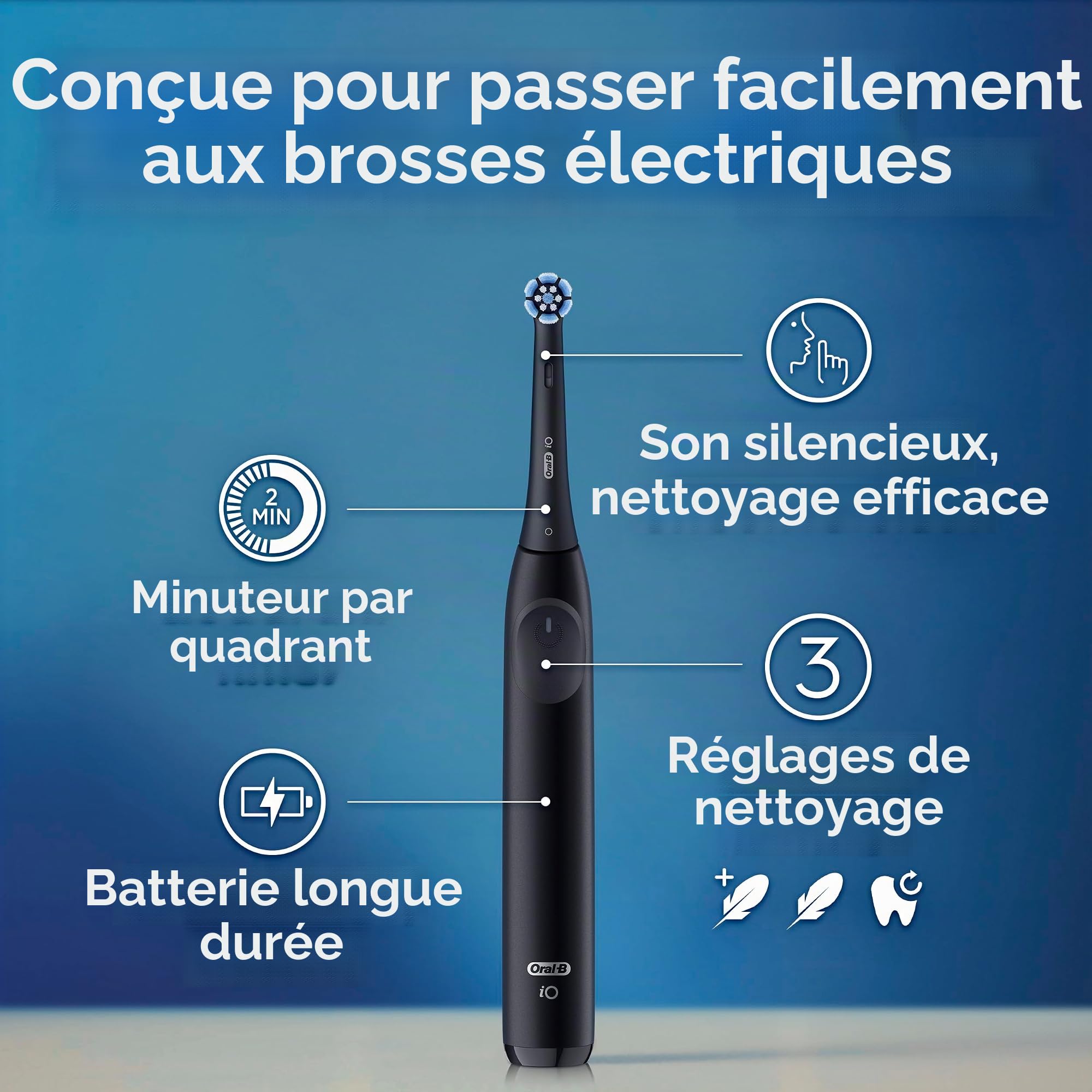 Oral-B iO Brosse à Dents Électrique Série 2 Rechargeable Bleu Foncé avec 1 Tête de Brosse de Soin Souple, Capteur de Pression Automatique pour Protéger Les Gencives, 3 Modes, Minuterie de 2 Minutes