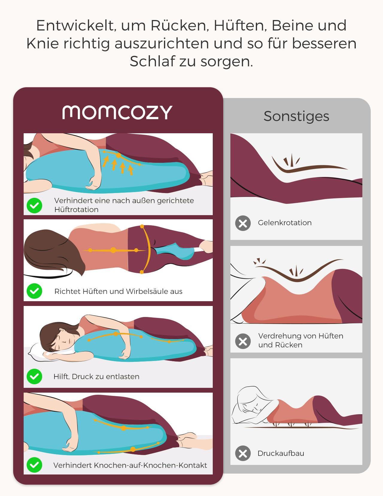 Momcozy J-förmiges Seitenschläferkissen 119 x 43 cm – Oeko-TEX Schwangerschaftskissen & Stillkissen, weicher Bezug, Stütze für Bauch, Rücken und Beine, vielseitiges Körperkissen, maschinenwaschbar | Momcozy
