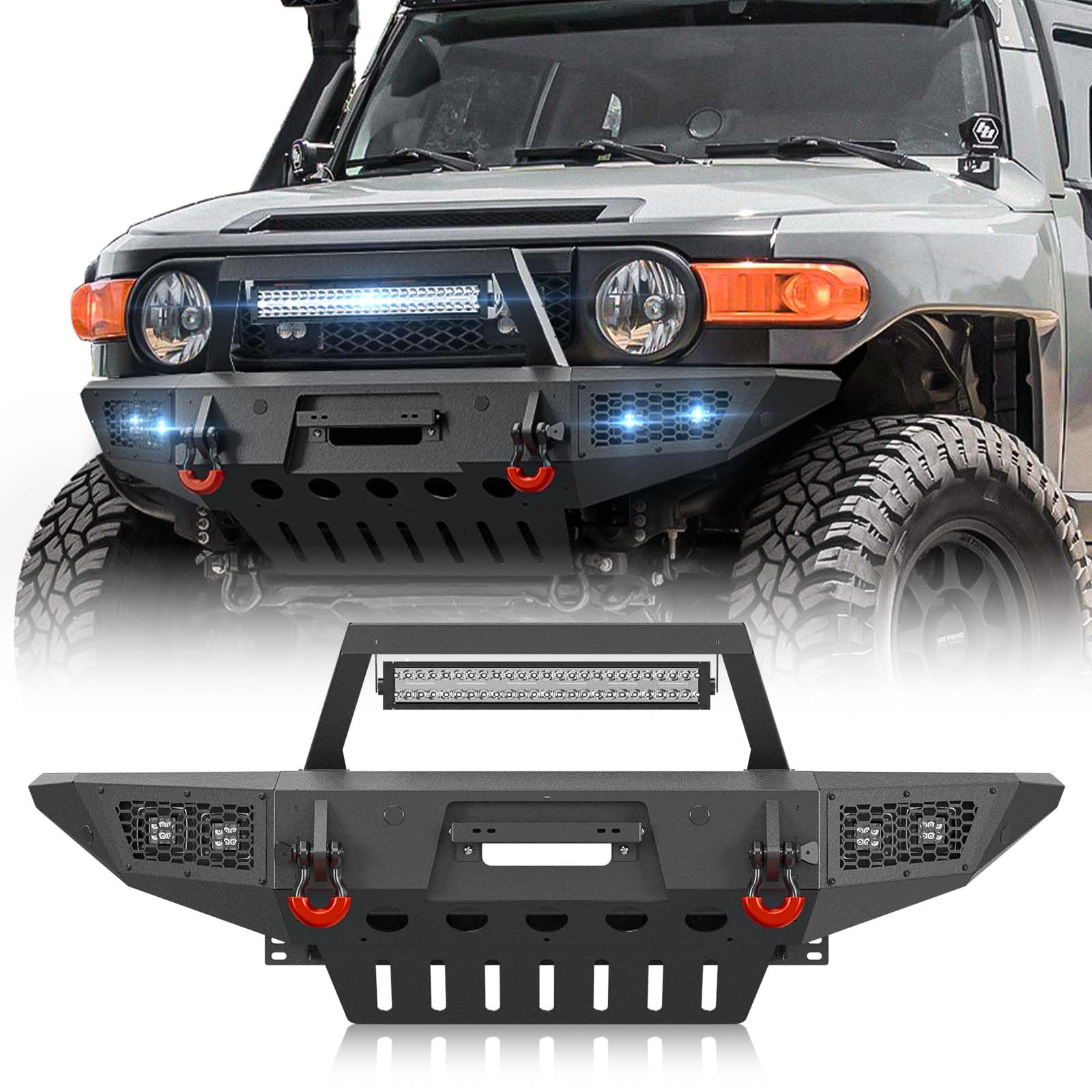Front Bumper for Toyota FJ Cruiser 2007 2008 2009 2010 2011 2012 2013 2014 1st Gen, Built-in Winch Plate, LED Lights, Skid Plate,License Plate Bracket