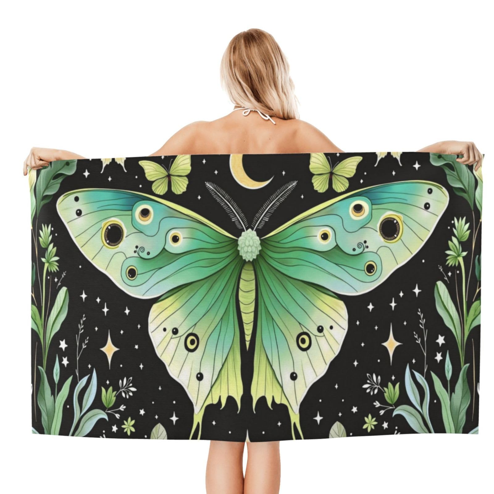 Anceky Beach Towel for Women, Butterfly Moon Garden Sand-Free Microfiber Ultra Soft Lightweight Bath Towels for Outdoor Bathroom Swimming 32"X52"