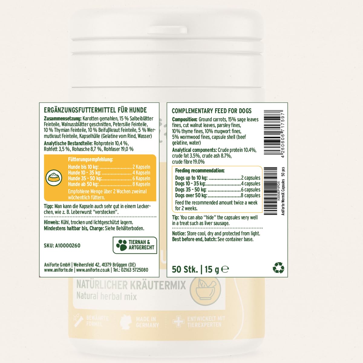 AniForte WermiX pour chiens 50 capsules - produit naturel avant, pendant et après une infestation de vers, l'absinthe, les herbes naturelles harmonisent l'estomac et l'intestin