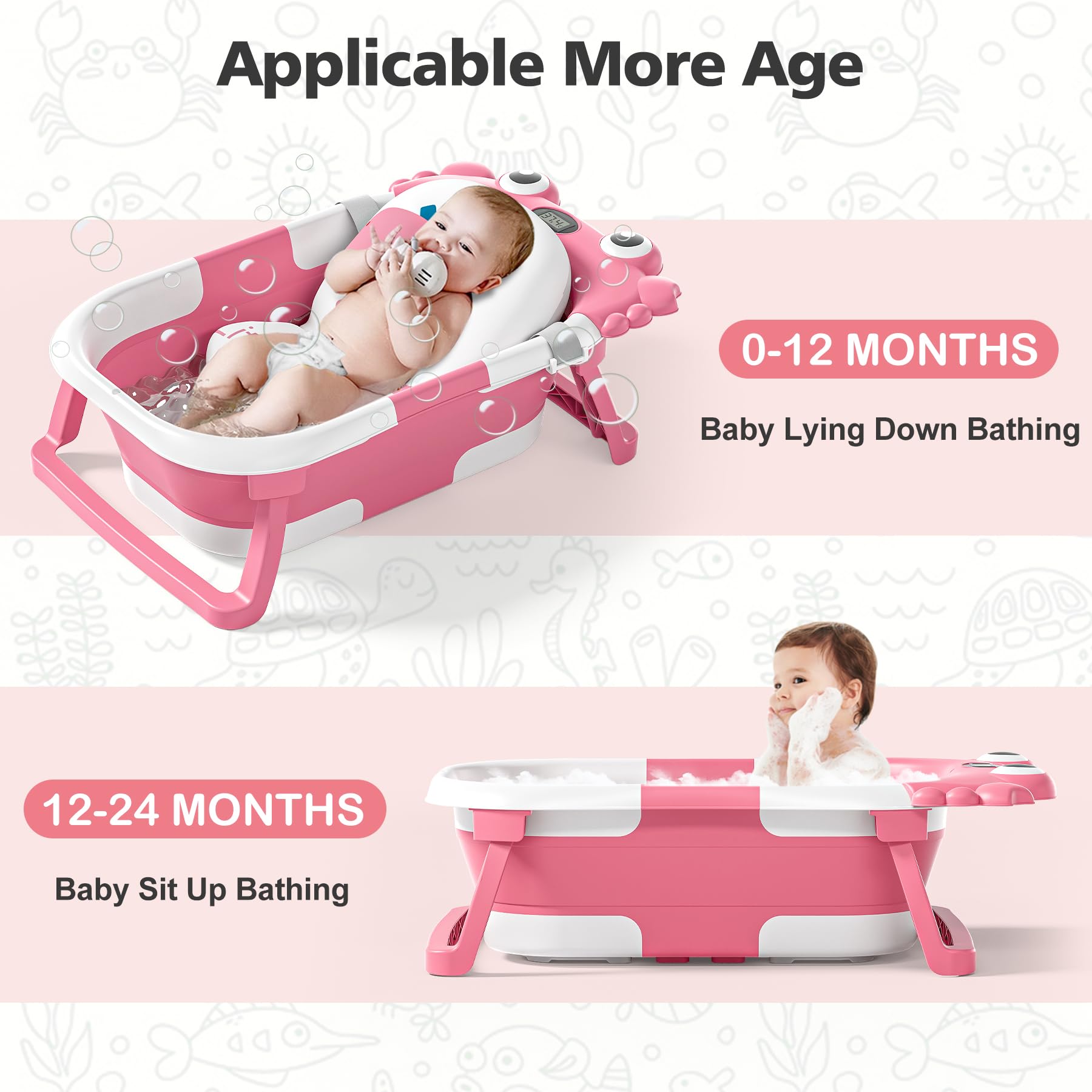 Bañera plegable para recién nacidos con termómetro y cojín flotante suave, portátil y plegable, bañera de viaje para bebés y niñas pequeñas de 0 a 36 meses (rosa)