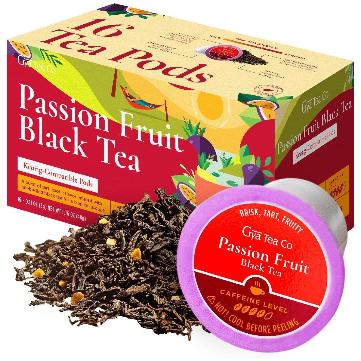 Gya Tea Co Caffeinated Passion Fruit Black Tea Pod (16 Count) - Smooth, Flavourful, Robust, Enjoy Hot or Iced