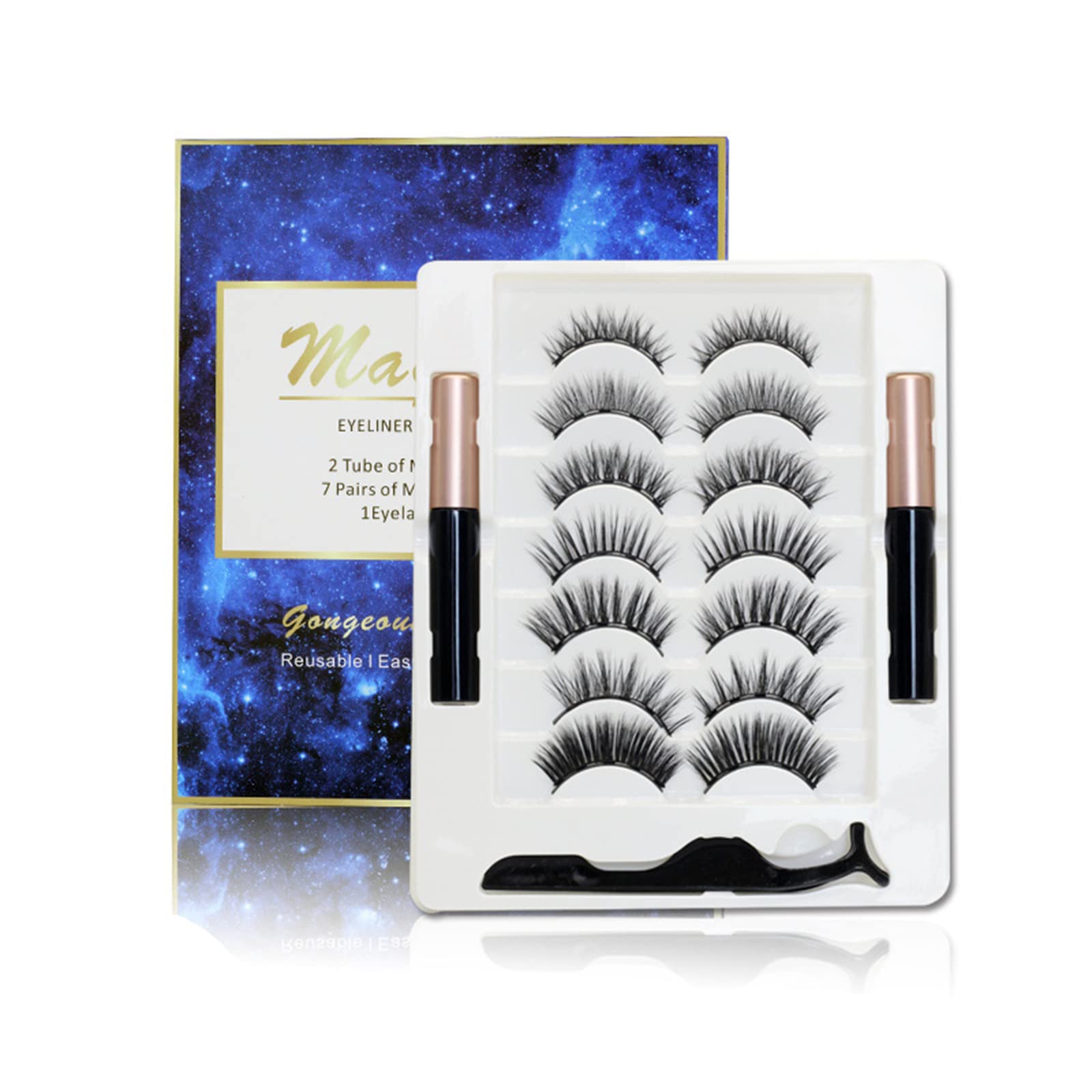 Pure Vie Pestañas Postizas Magneticas, 7 Pairs Pestañas Postizas Naturales con Delineador Ojos Extensiones Reutilizable Individuales Lashes Pelo Efecto, Lifting Pestañas Accesorios de Aplicar Kit