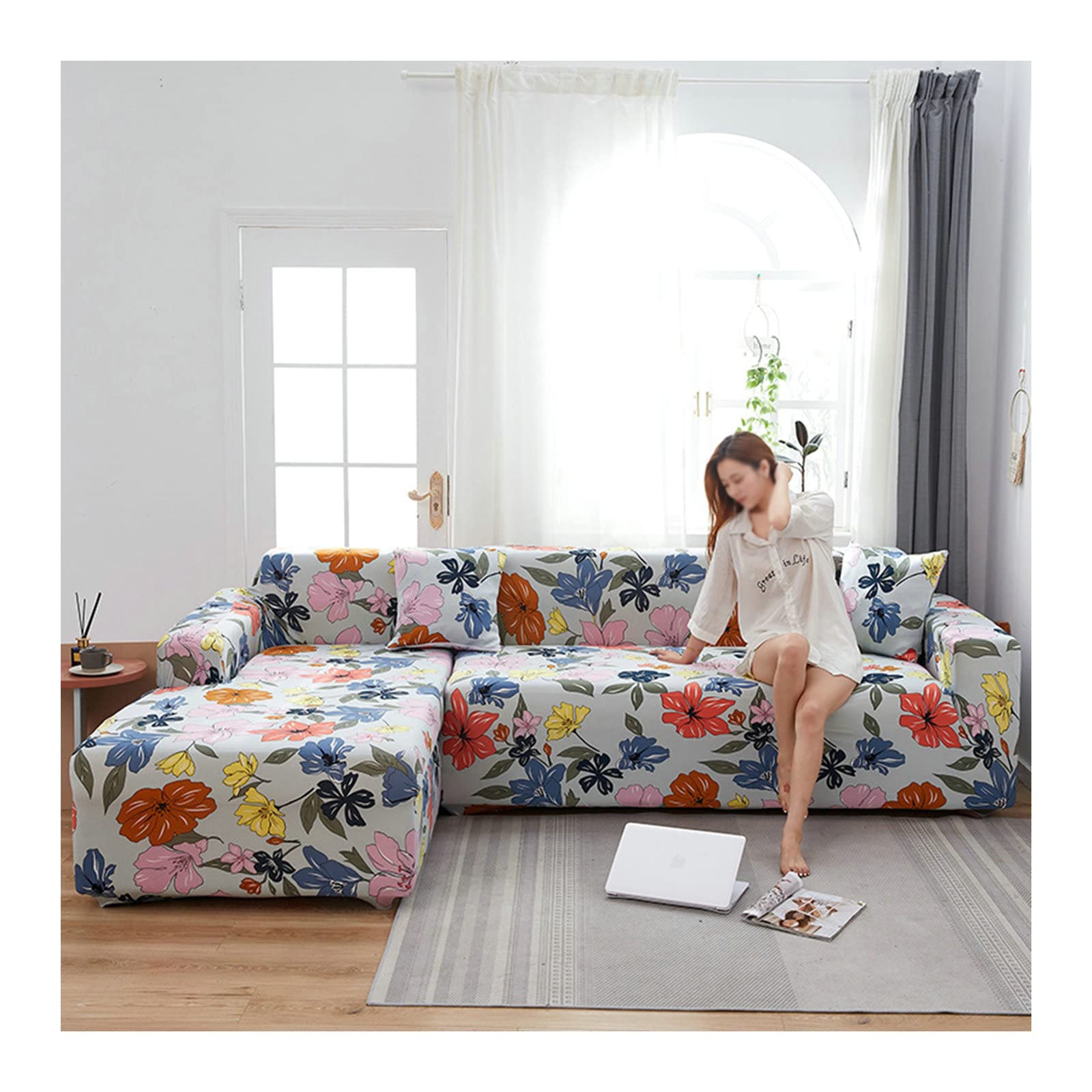 Funda de sofá con flores elástica KnSam para sofá en forma de L de 235 a 300 cm