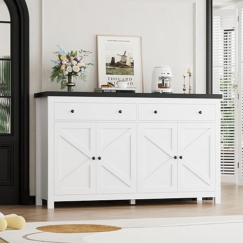 Miniatura 9 de FOTOSOK Aparador buffet con almacenamiento, armario de cocina grande de 55.1 pulgadas con 2 cajones y 4 puertas, gabinete de barra de café de