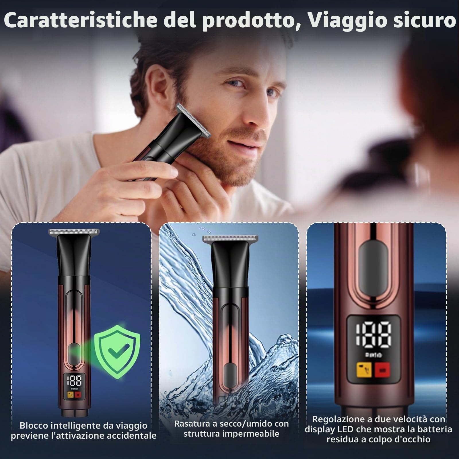 Rasoi per la schiena da uomo, 4 in 1, con manico di estensione regolabile, testine di ricambio, spazzola per la pulizia, kit elettrico per la toelettatura del corpo per schiena e petto