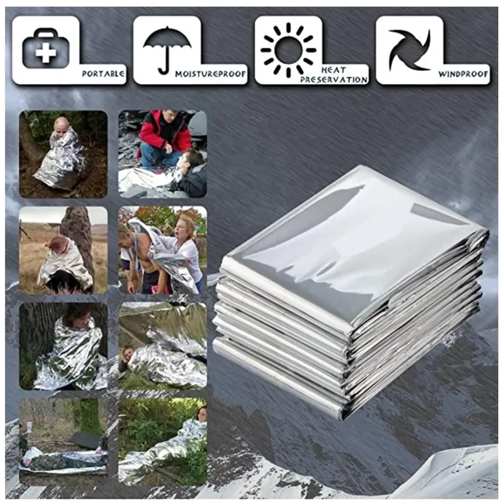 Manta de Supervivencia de Emergencia for Exteriores, Impermeable, Cortina de Rescate de Primeros Auxilios, Manta térmica de lámina, 130x210cm, 2-10 Uds.(10pcs)