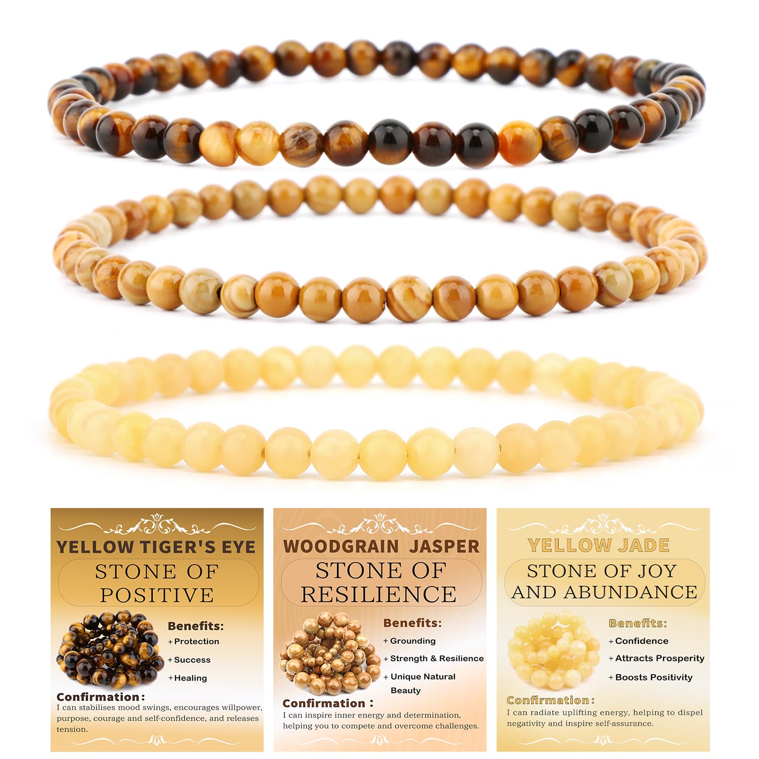 NCB 3-Piece 4mm Natural Crystal Gemstone Stretch Bracelets | Handmade Reiki Energy Healing Jewelry for Meditation, Yoga, Unisex - main product image
