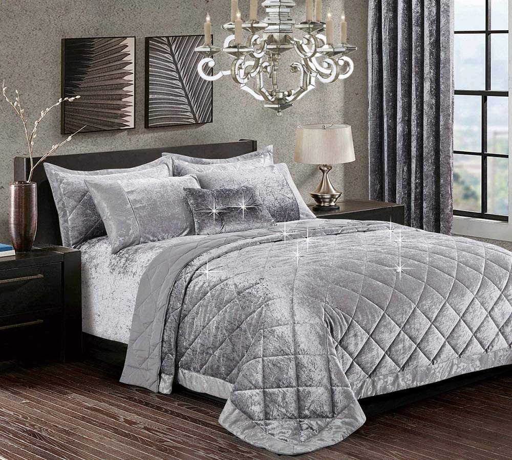 THL Santiago Crushed Velvet Bedspread Super King Size Silver Luxury Quilted Bed Cover for Bedroom