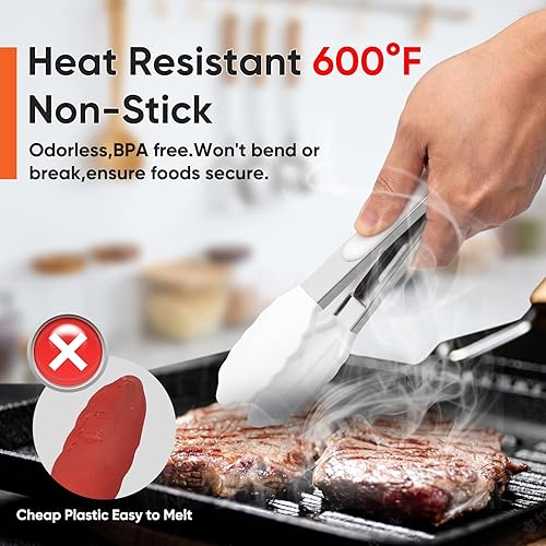 Miniatura 3 de Juego de 5 pinzas pequeñas de silicona para cocinar, 3 pinzas para servir de 7 pulgadas, pinzas de acero inoxidable antiadherentes resistentes al