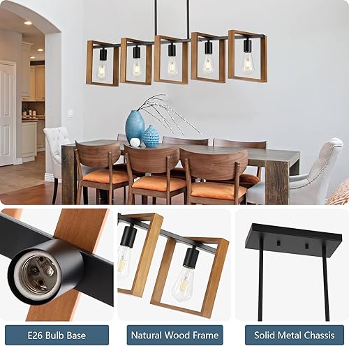 Miniatura 4 de 9MMML Iluminación de isla de cocina de 41.5 pulgadas, 5 luces de comedor, candelabros de madera rústicos de altura ajustable para cocina, luces de