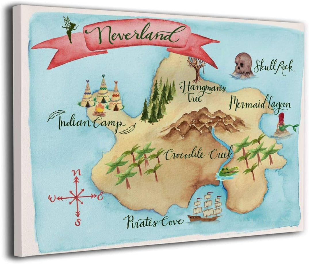 LP ART Canvas Print Wall Art Neverland Map Picture Painting For Living Room Bedroom Modern Home Decor Ready To Hang Stretched And Framed Artwork 16''x20''