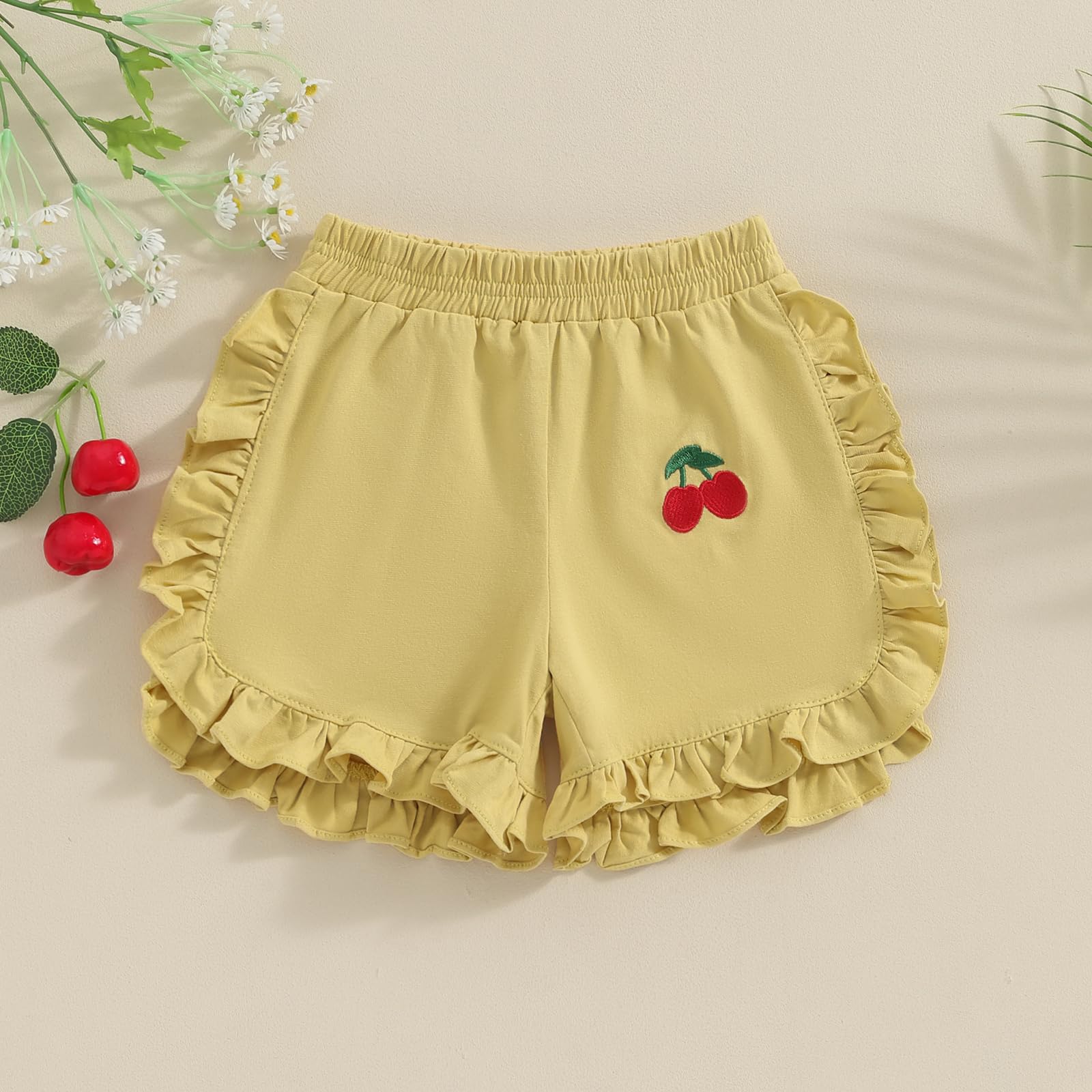 Gaono Toddler Baby Girl Ruffles Shorts Solid Cotton Shorts Elastic Waist Cherry Embroidery Summer Short Bottoms Pants (Yellow, 3-4 Years)