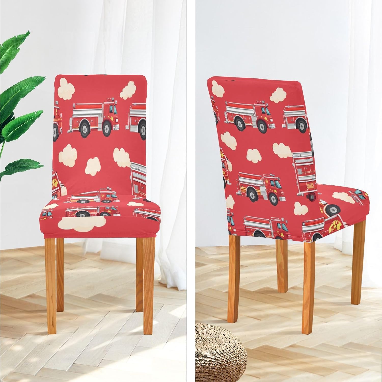 ALAZA Chair Covers for Dining Room, Cute Fire Truck Cartoon Stretch Chair Cover Sets Chair Protector Removable Washable for Ktichen Restaurant Hotel