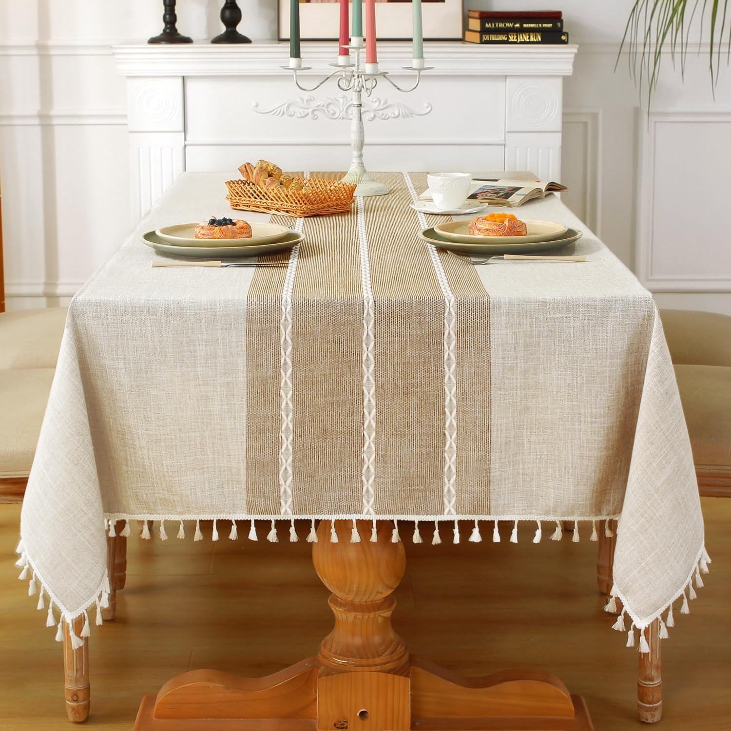 Laolitou Table Cloth Cotton Linen, 55 x 55 Inch Tablecloth Square, Table Cover Wipeable Anti-Wrinkle Tassel Design for Christmas Party Outdoor Garden Kitchen Dinning (Coffee, 4 Seats) — image 1