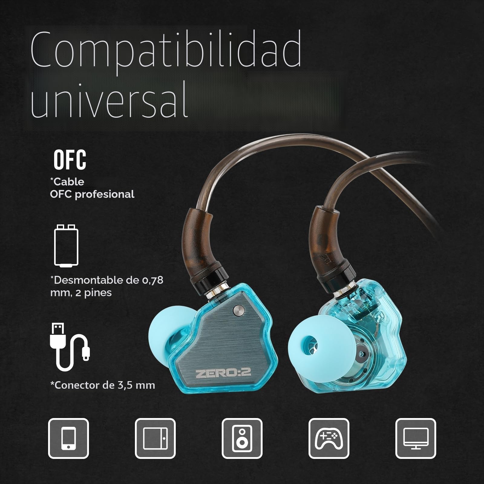 Linsoul 7Hz x Crinacle Zero:2, In Ear Monitor, IEM con Controlador Dinámico Actualizado de 10mm, Auriculares con Cable, Audífonos para Videojuegos, con Cable OFC para Músicos(Sin Mic, Azul)