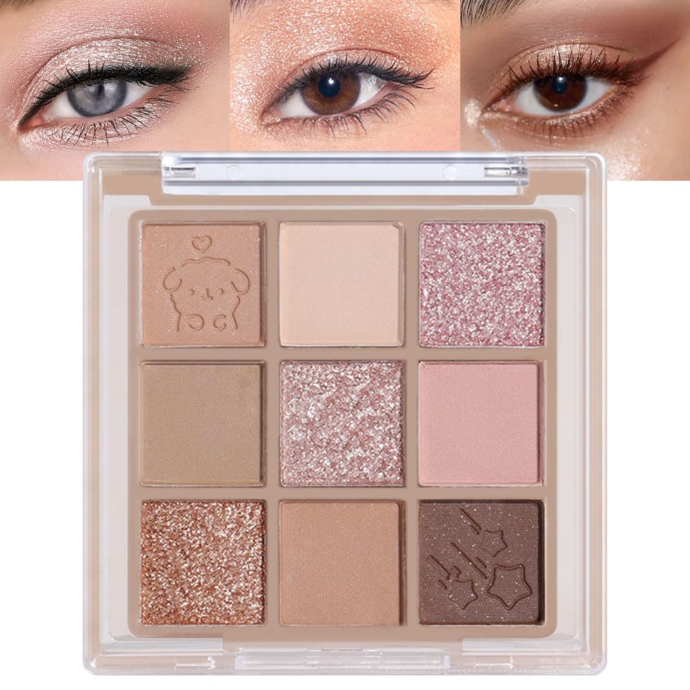 9Colors Rose Gold Brown Nude Neutral Eye Shadows Palette Makeup,Shimmer Matte Korean Natural Naked Brown Eyeshadow Palette,Highly Pigmented Naturing-Looking Long Lasting Waterproof