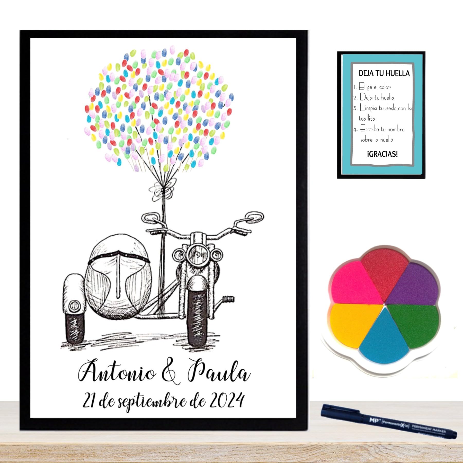 Libro Firmas Boda, Cuadro de Huellas Personalizado, Regalo Original para Novios, Incluye Marco de Madera 3 Colores, Tintas e Intrucciones. (Huellas Sidecar, 50 X 60 CM)