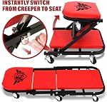 BullsArmor Foldable Z Creeper & Stool - 2 in 1 Mechanic Bench - Folding Adjustable Chair Design 300 Lbs Capacity - Heavy Duty Garage Seat Tool 6 Wheels - Gift Ideas for Car Guy Repair Shop Equipment