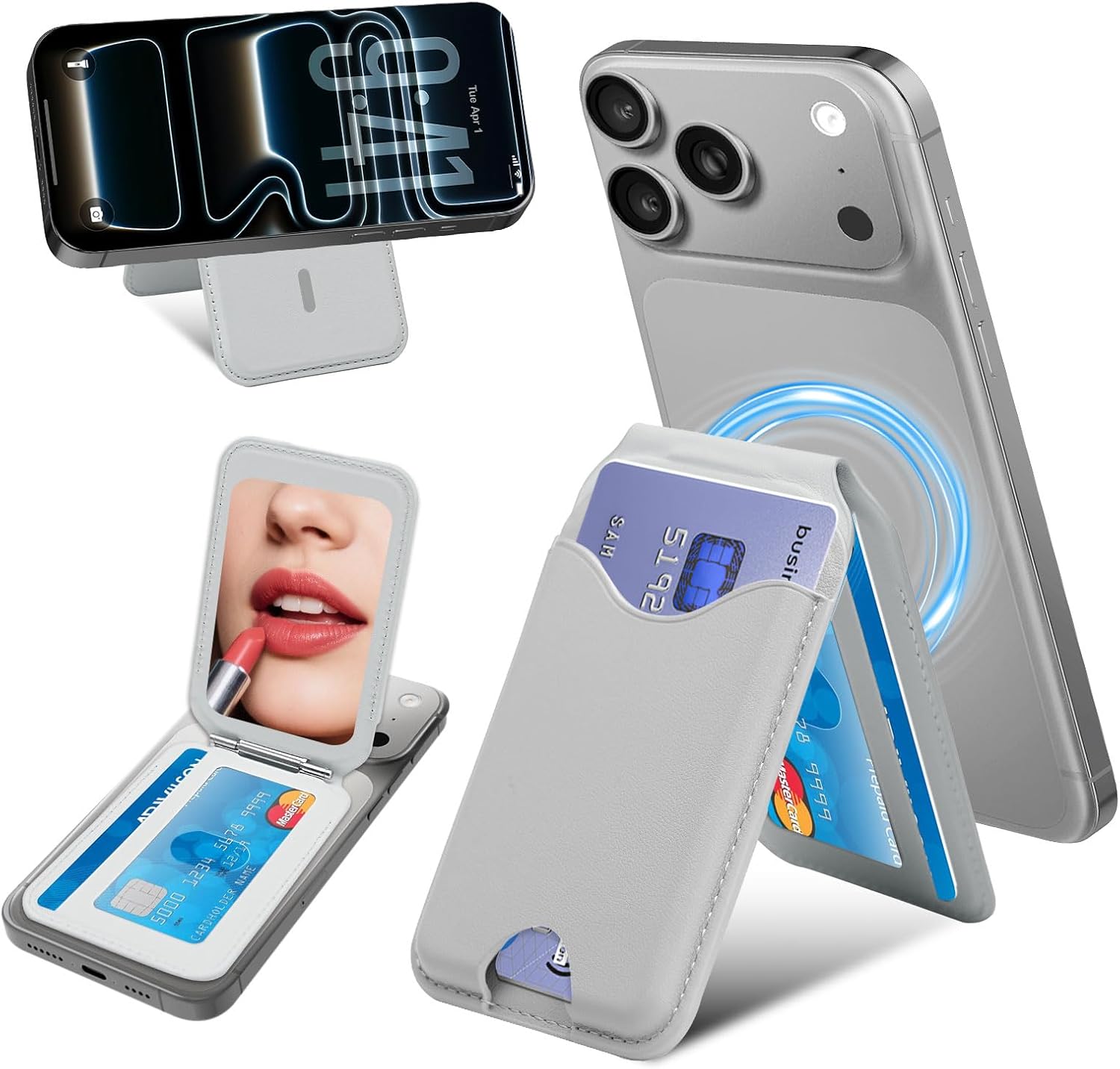 CORLAGOON Upgraded for MagSafe Wallet with Makeup mirror，Stronger Magnetic rfid blocking Wallet for iPhone Air 17 16 15 14 13 12 Pro Max,5 Cards Holder with Adjustable Stand