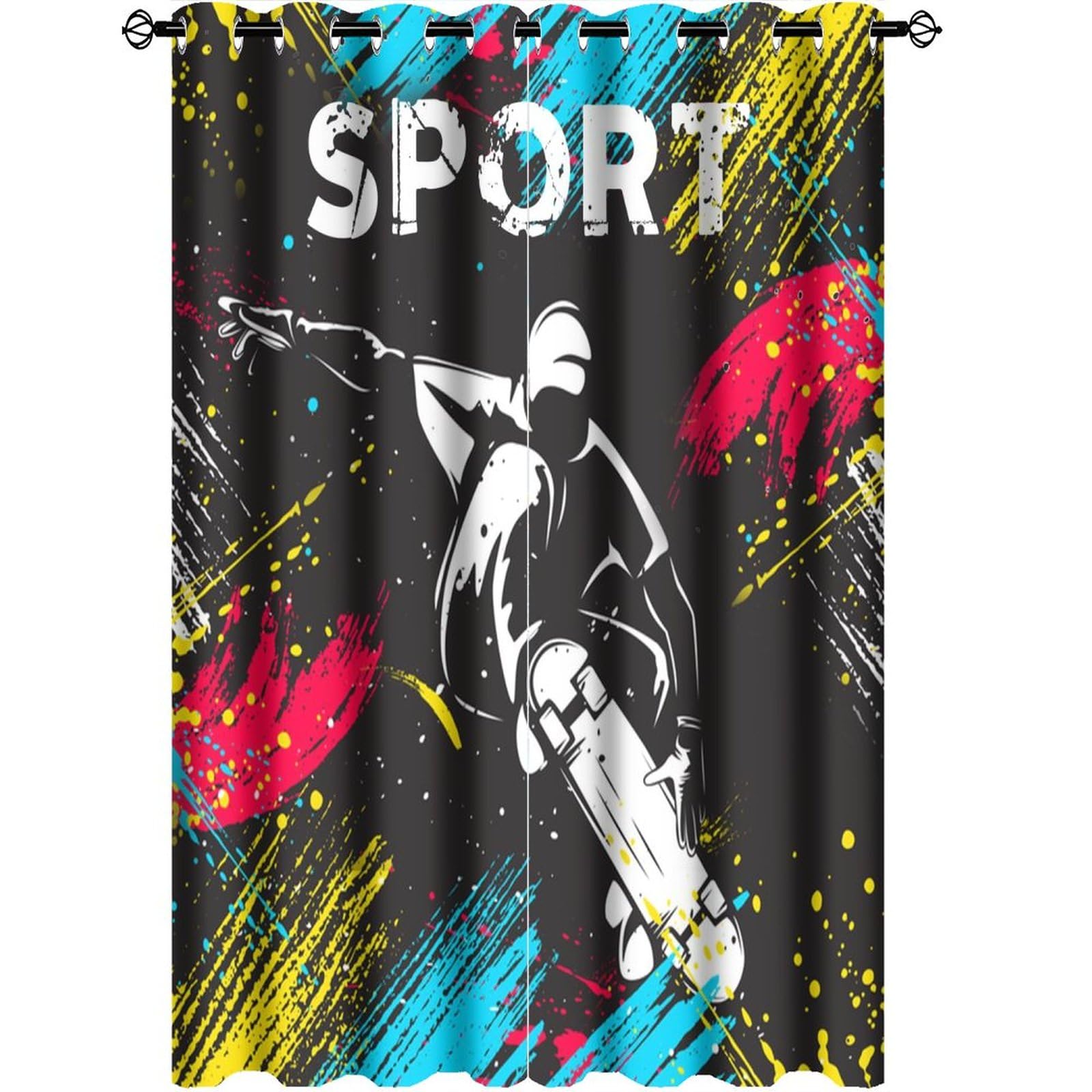 Brebasf Cool Sport Skateboarding Perforated Window Treatments,Modern City Street Colorful Graffiti Hip Hop Hippies Curtain Suitable for Bedroom,Living Room,Kitchen-2 Panels 63
