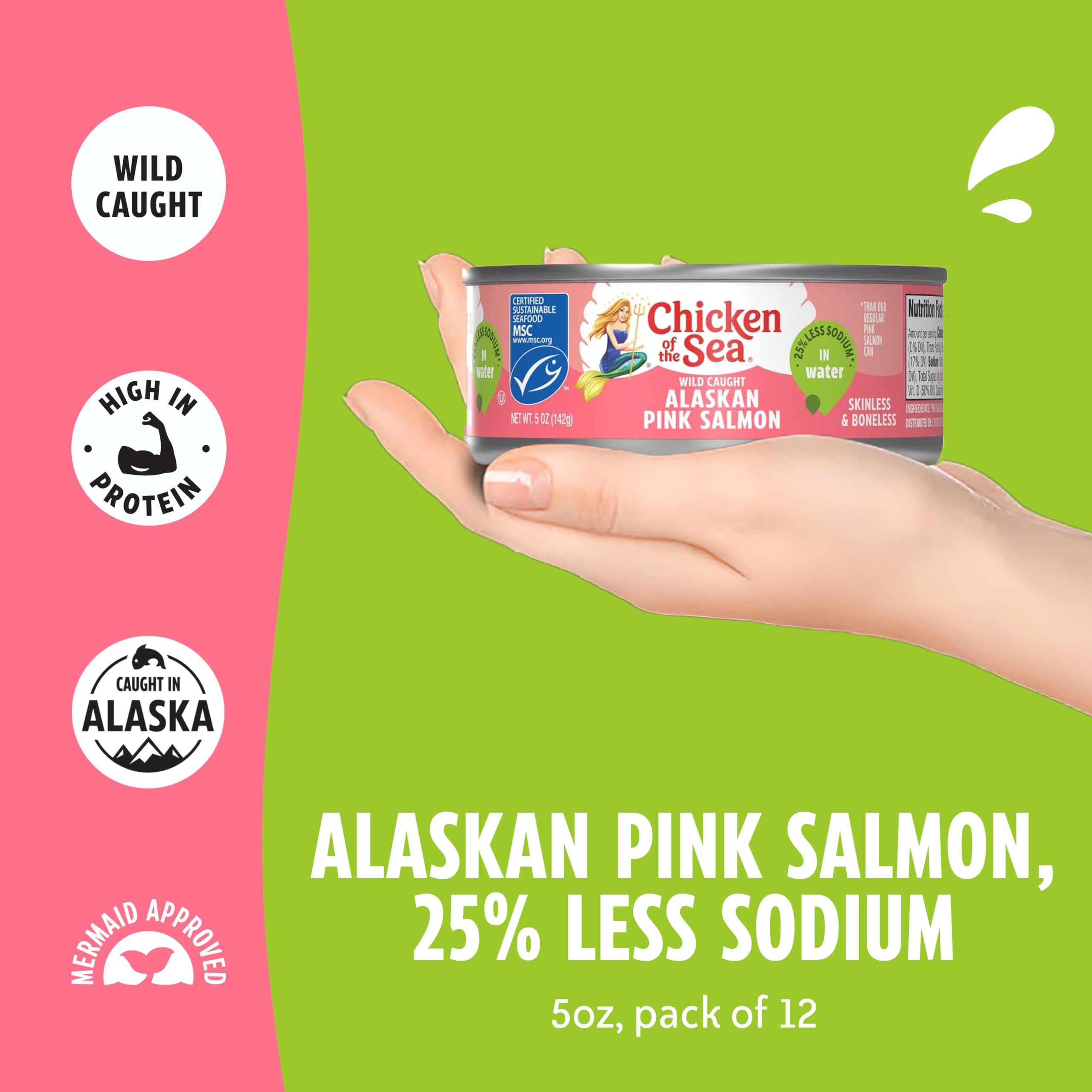 Chicken of the Sea Alaskan Pink Canned Salmon in Water with 25% Less Sodium, 5oz Cans, 12-Count – High Protein Skinless, Boneless Wild Caught Salmon – Delicious Wild Salmon for Burgers, Pasta, More