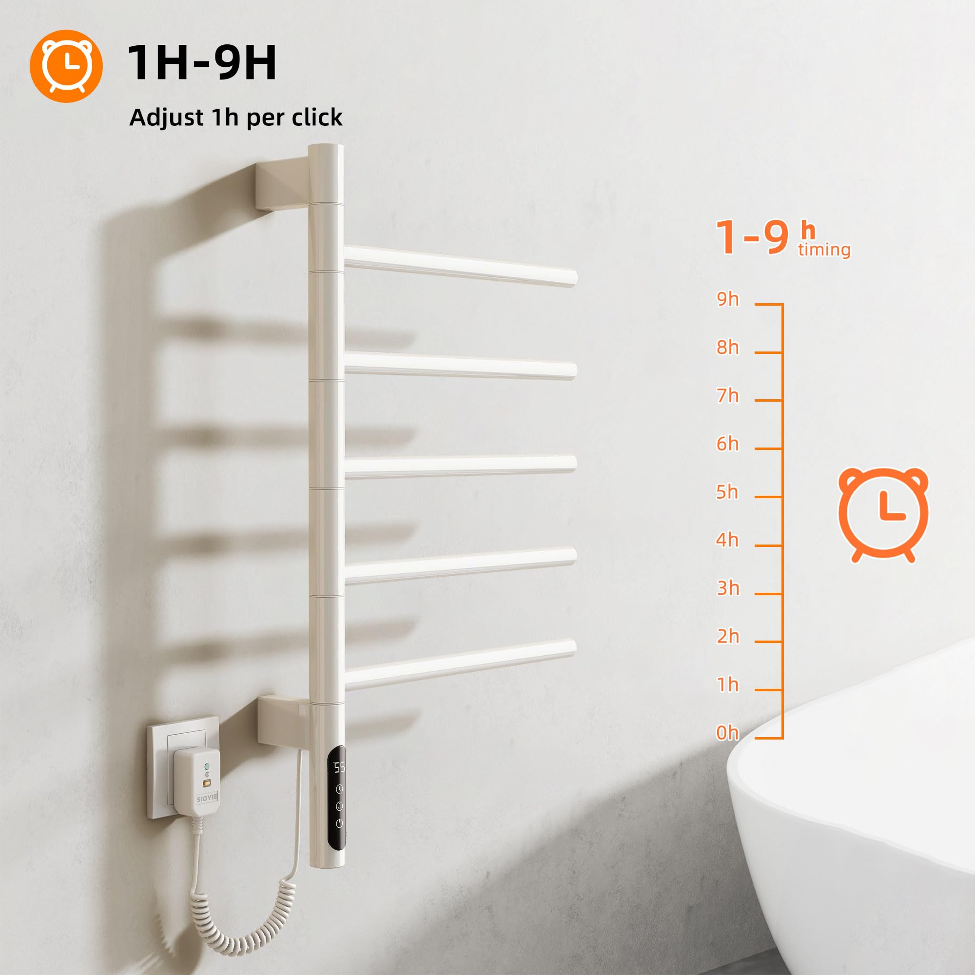 Elektrisch handdoekenrek, 180° rotatie Thermostatisch verwarmd handdoekenrek, wandgemonteerde handdoekladder, handdoekverwarmer, instelbare temperatuur, IP24, energiebesparend-Gun Ash