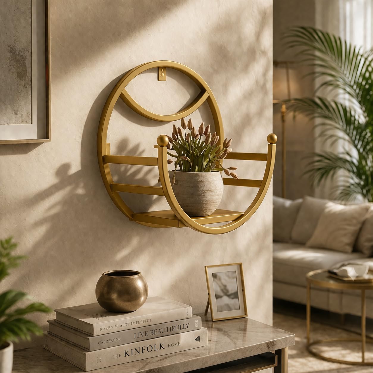 Galaxy Fashion Point Gold Metal Wall Shelf Round Wall Mount Shelf for Living Room, Bedroom, Bathroom, Home Decor Wall Rack with Storage Shelf-image-41