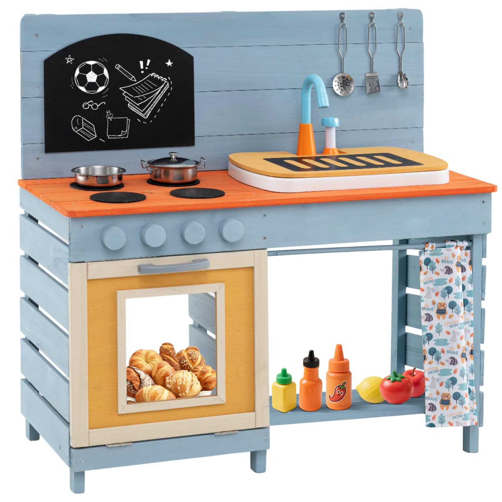 Maxmass Kids Mud Kitchen, Wooden Children Role Play Kitchen with Sink, Faucet, Chalkboard, Cutting Board, Stoves, Cooking Accessories, Outdoor Pretend Kitchen Toy Playset for 3-8 Years Old