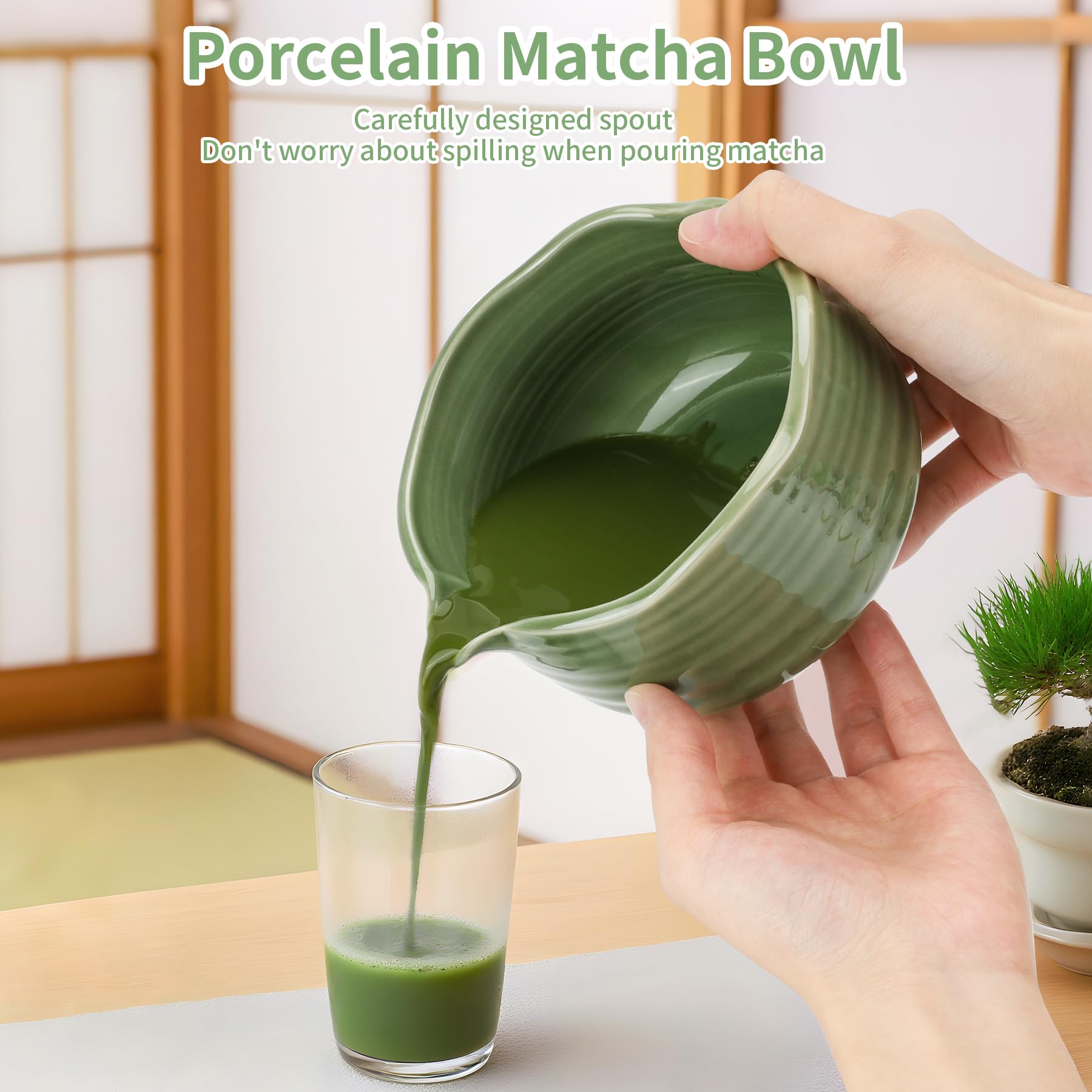5 Stück Matcha Set mit Matcha Besen, Porzellan Matcha Schale und Besenhalte, Sieb und Löffel, Geschenk für Matcha-Liebhaber, Grün