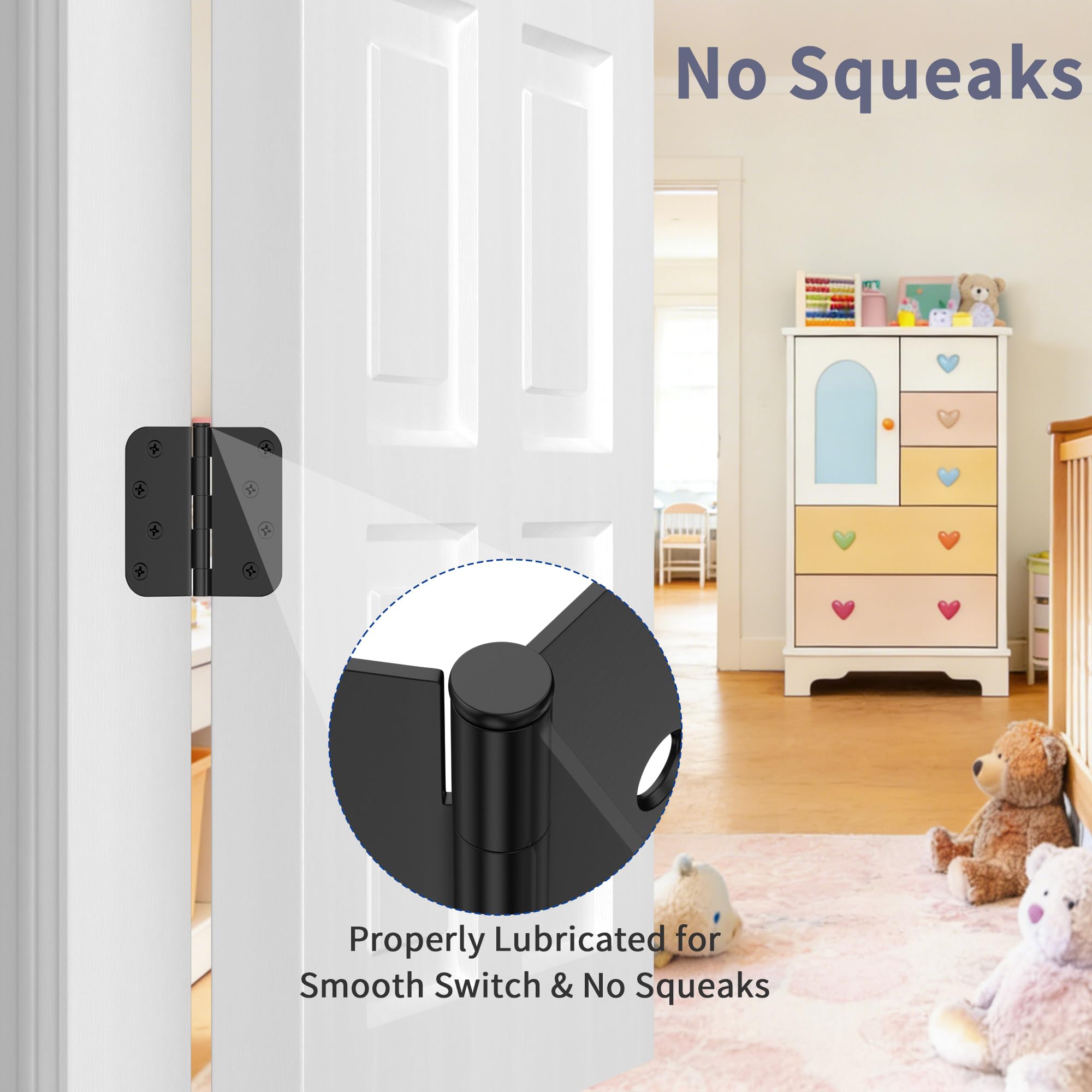 Paquete de 6 bisagras de puerta de 4 pulgadas, bisagras negras mate con radio de 5/8 pulgadas y esquinas cuadradas, pasador extraíble, bisagras de puerta exterior, perfectas para puerta delantera y