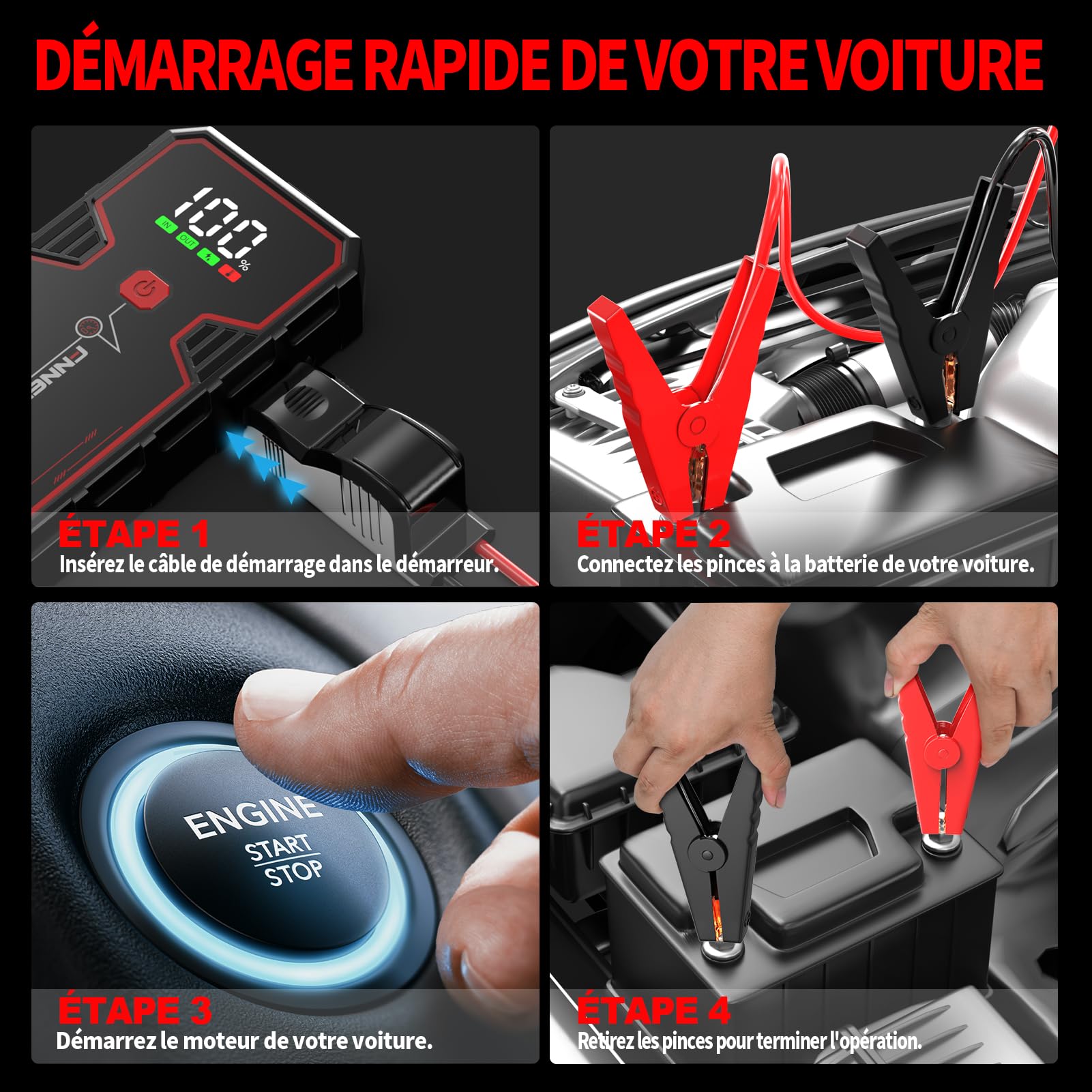 FNNEMGE Booster Batterie, 4000A 21800mAh Portable Jump Starter, Démarrage de Voiture (Jusqu’à 8.0 L Essence 6.5L Gazole), Jump Starter avec Port de Charge USB, lumière LED, HD Écran Large.