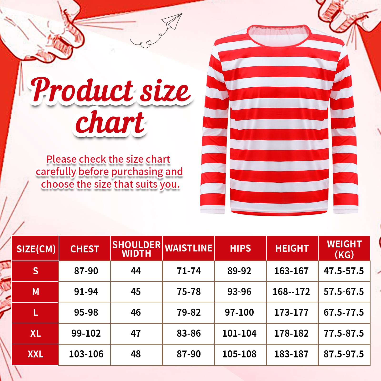 3PCS Men's Wally Costume Set,Cosplay Accessories Set including Red&White Stripe Long Sleeve Top Bobble Hat Black Nerd Glasses,90s Fancy Dress Costume for World Book Day Halloween Dress Up Day (Men - Image 2