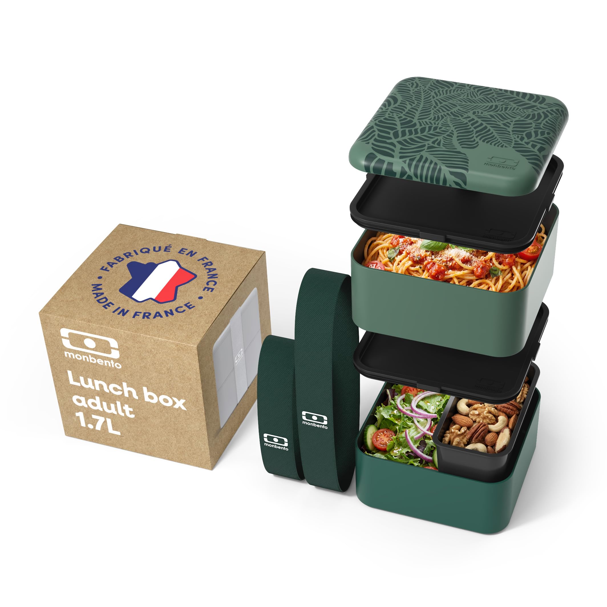 MONBENTO - Grande Bento Box MB Square Jungle con Scomparti Made in France - 2 Livelli Ermetici - Porta Pranzo Ideale per Ufficio/Scuola/Meal Prep - Senza BPA - Motivo Foglie - Verde