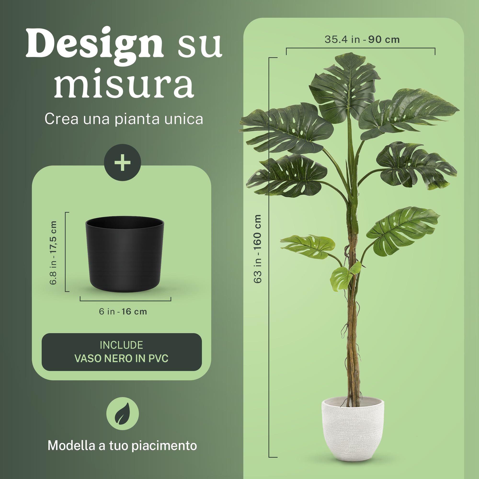 Maia Shop Monstera 150 cm - Pianta Artificiale da Interno | Pianta Artificiale Alta con Foglie Realistiche per Casa Soggiorno Ingresso Ufficio - Vaso Nero Incluso