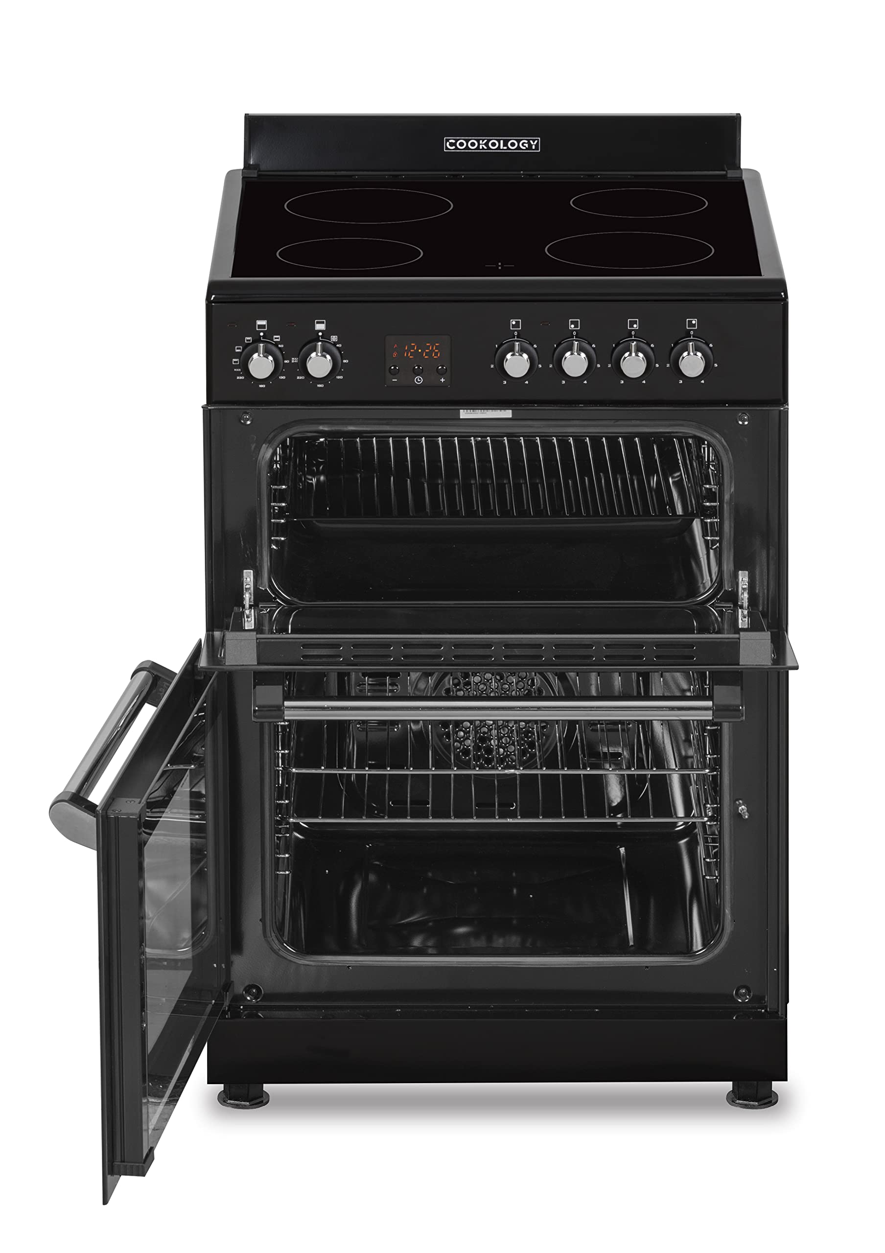 Cookology RETDO600BK Freestanding 60cm Wide, Retro Double Cavity Grill Oven Cooker with Ceramic 4 Zone Hob and Analogue Dials - in Black — view 4