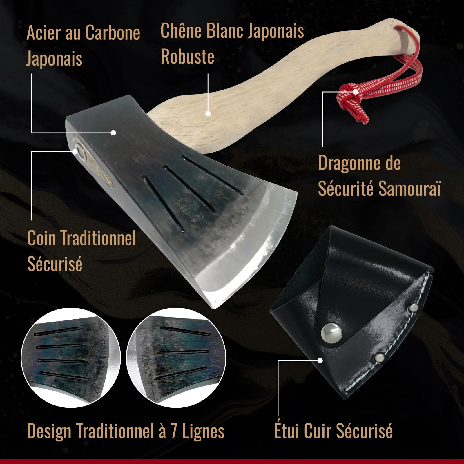 SUIZAN Hachette Japonaise 360mm - Hache à Main Camping Bushcraft Sculpture | Professionnelle Petite Forgé Artisanal Acier carbone Fendre Bois de chauffage Survie Plein air Cadeau Étui cuir Sanada-himo