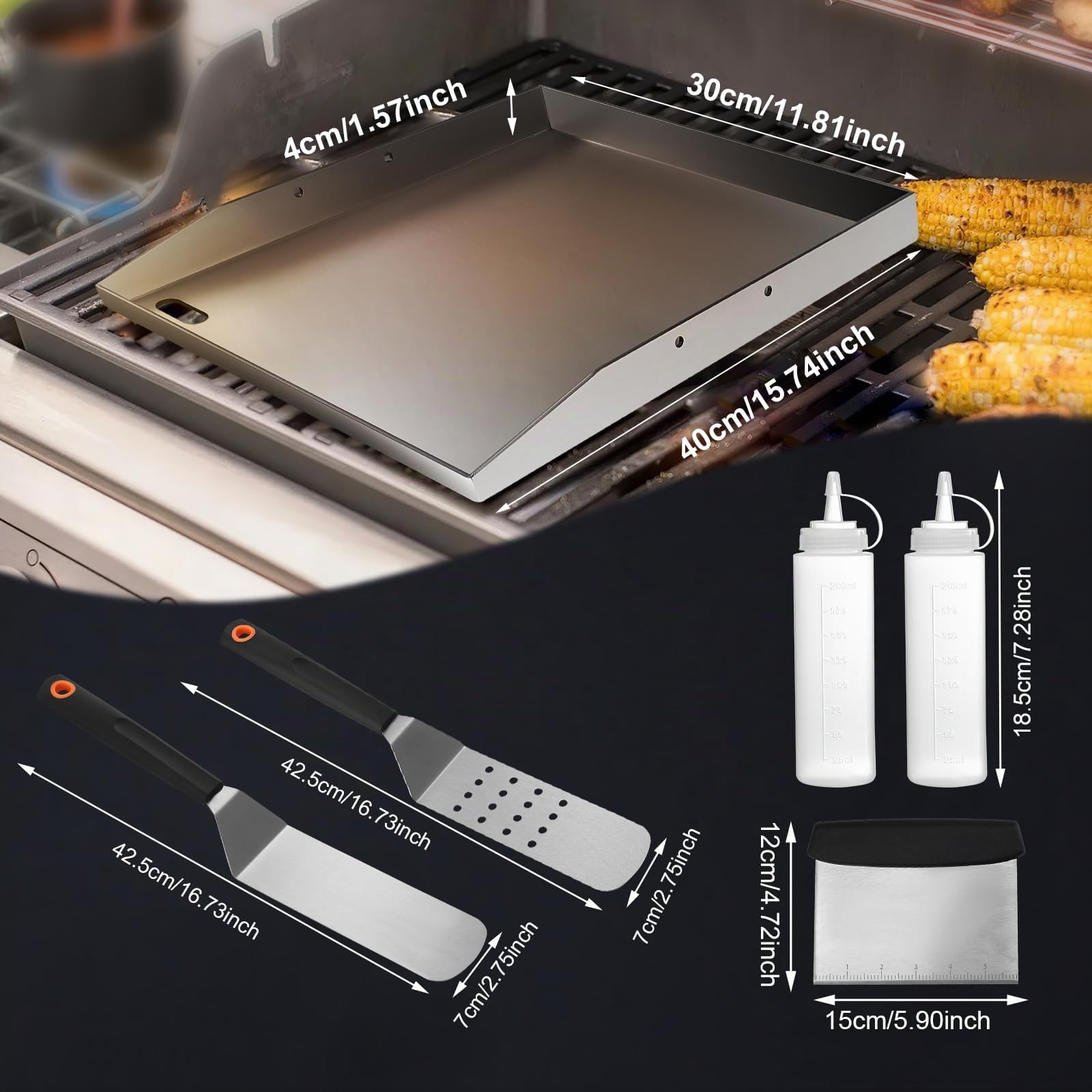 Plancha Grillplatte, Premium Plancha Set, 4 mm Edelstahl Plancha Grill Platte 40 x 30 cm für BBQ Gasgrill & Kohlegrill geeignet mit abnehmbarem Griff, Fettablauf, 3 Grillspatel-Set und 2 Ölpots
