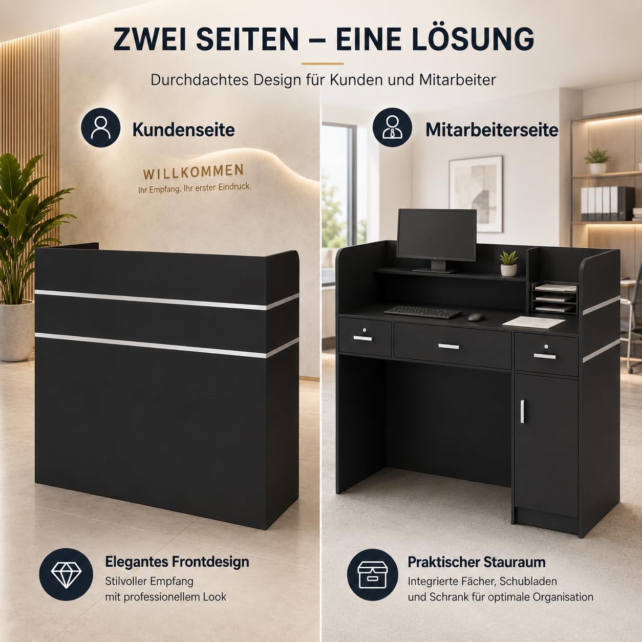 Empfangstresen Schwarz 120cm Kassentresen 3 Schubladen abschließbar Tür Ablagefächer Verkaufstheke Rezeptionstheke 120x110x48cm