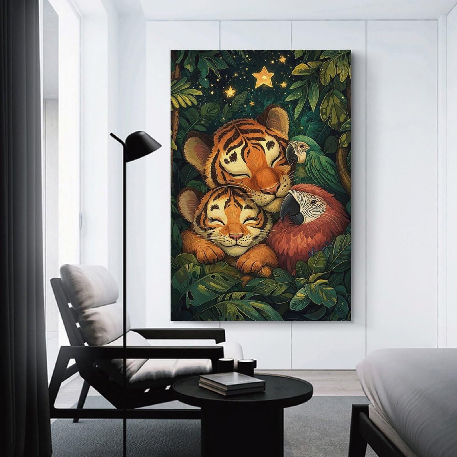 Junmoney Tiger Cubs And Parrots Wall Picture Print 20x30inch(50x75cm), for Bedroom Decor, Cosy Corners Or Studios, Home Artwork with A Soft Interior Feel