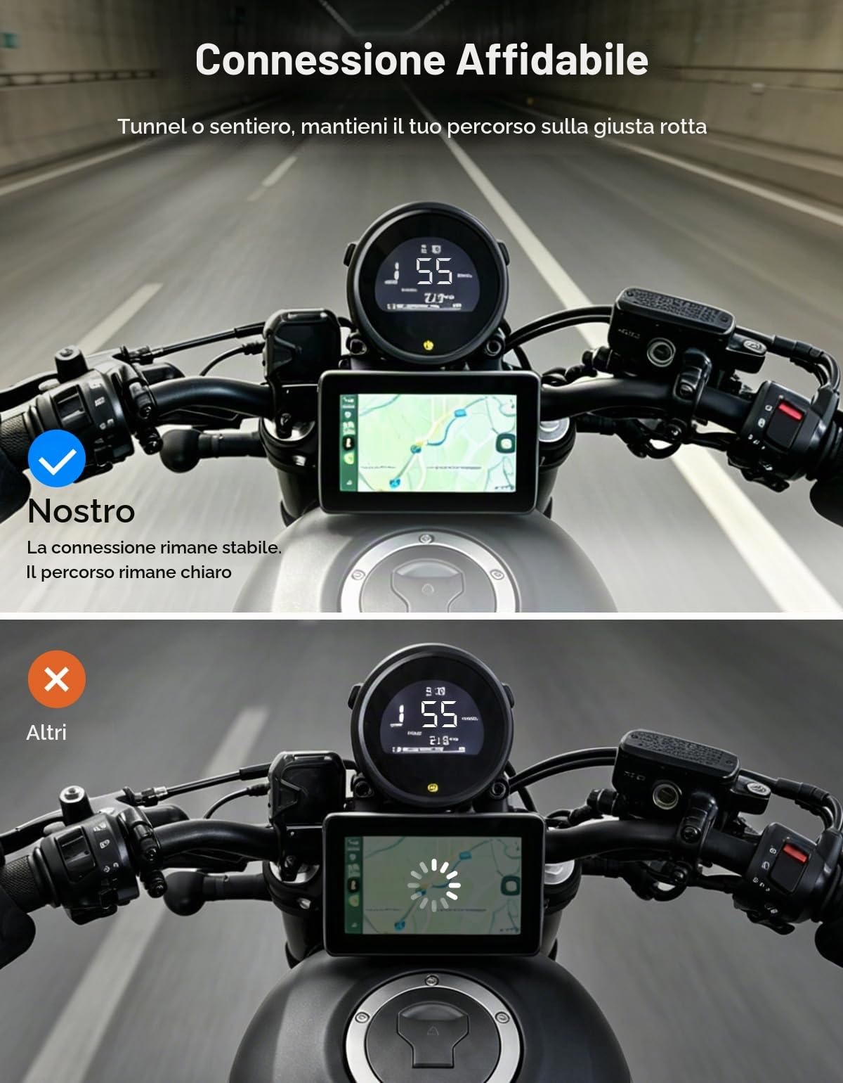 KEMIMOTO Schermo CarPlay per Moto 5 Pollici, Wireless Apple CarPlay e Android Auto, Navigazione GPS Moto IP67 Impermeabile, Compatibile con Guanti, Luminosità Automatica, Schermo HD a Colori
