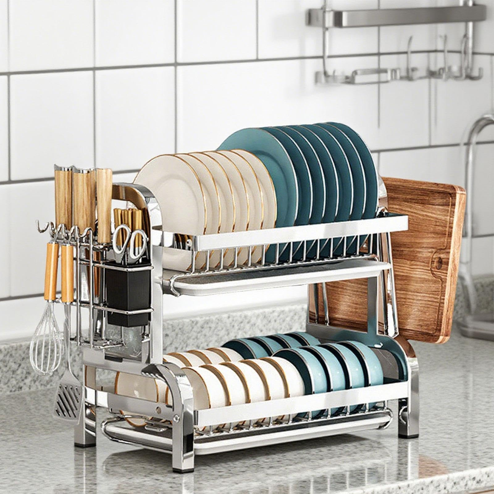 Escurridor de Platos, Soporte para Tazas con Escurridor, Encimera de Cocina, Acero Inoxidable, Bandeja Antigoteo Práctica, Organizador de Platos, 43 cm x 23,5 cm x 39 cm