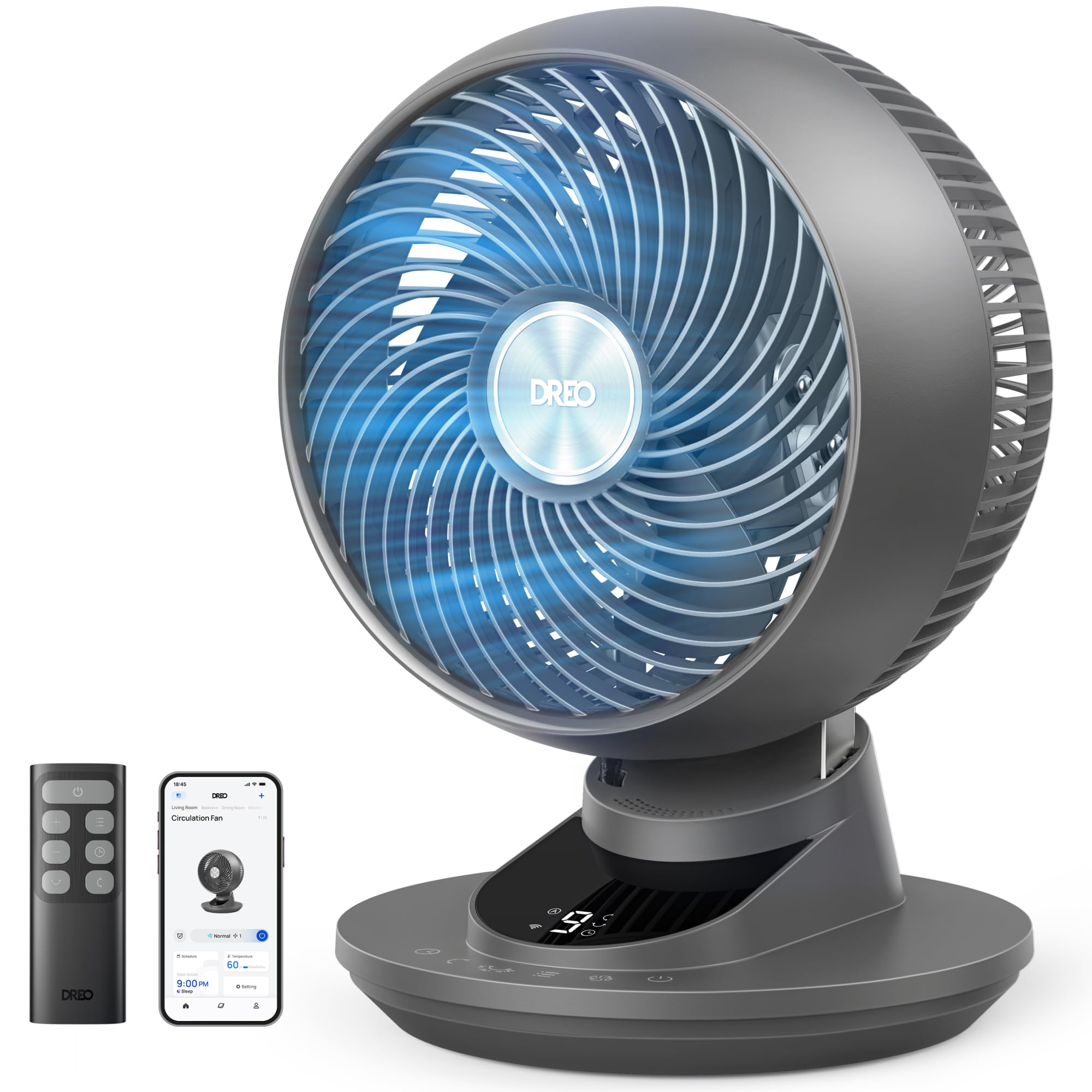 DREO 20dB Smart Desk Fan for Bedroom, 90°+90° Oscillation, Silent cooling Air Circulator, Powerful DC Motor with 85ft Airflow, 9 Speeds, 6 Modes, 1-12H Timer, App & Voice Control, Home & Office