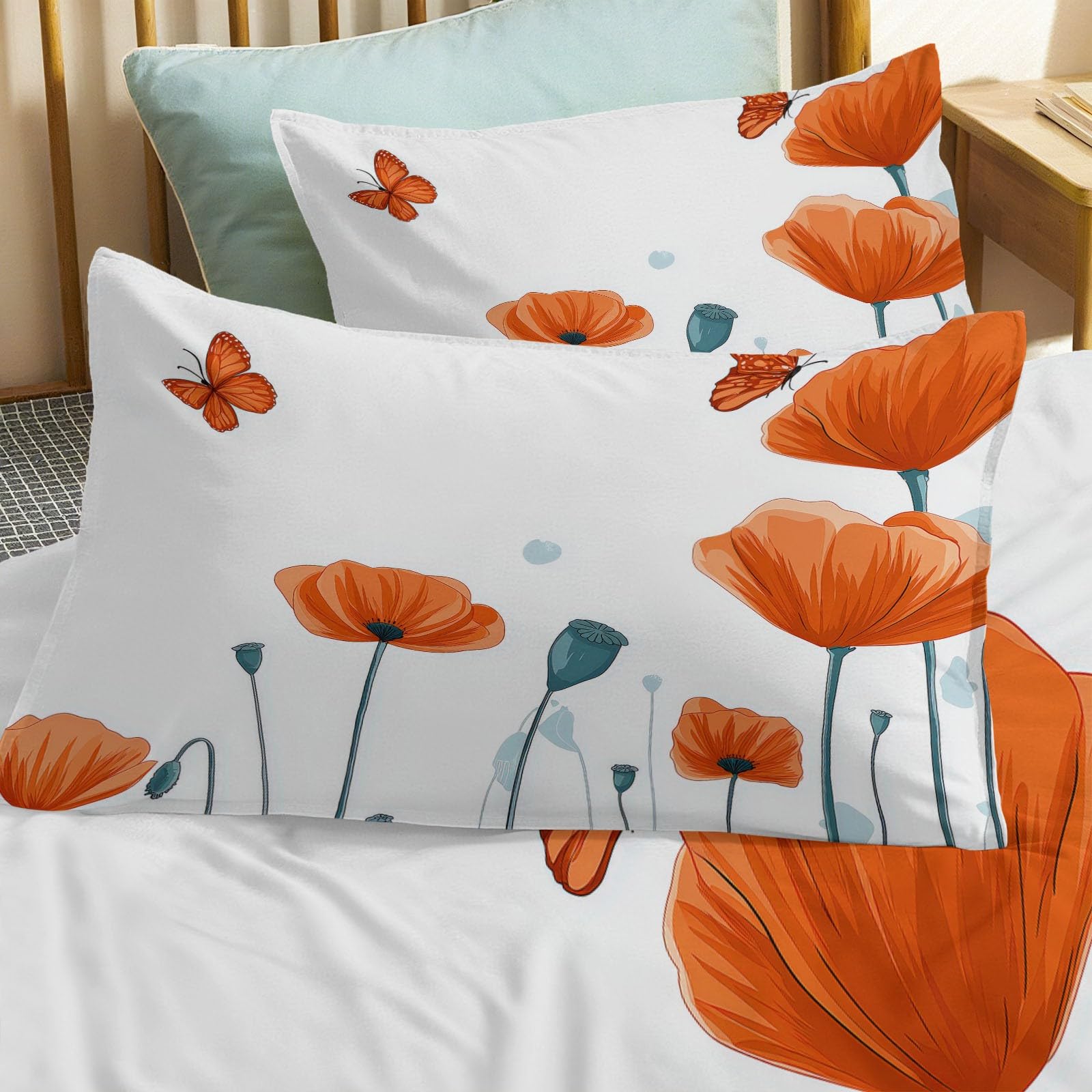 Generisch Komplet pościeli damskiej z motywem maku motyla, 220 x 240 cm, biała, poszewka na kołdrę z zamkiem błyskawicznym, delikatna, elegancka, akwarelowa, zestaw pościeli dwustronnej, z mikrofibry