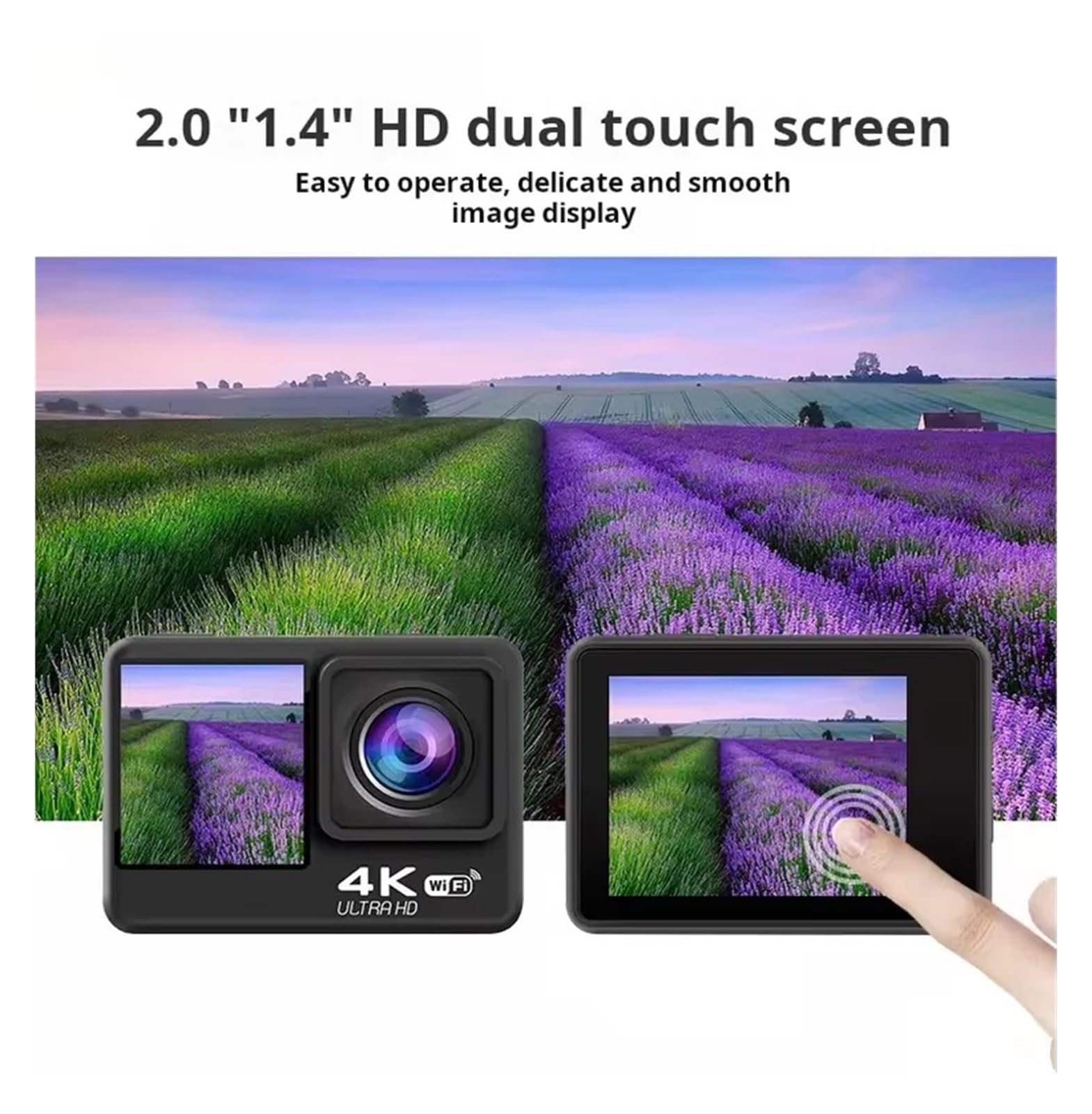 Macchina fotografica sportiva d'azione 4K UHD WiFi Obiettivo grandangolare da 120 ° 2.0 pollici IPS Display a doppio schermo Videocamera for registrazione video 30M impermeabile 1080P