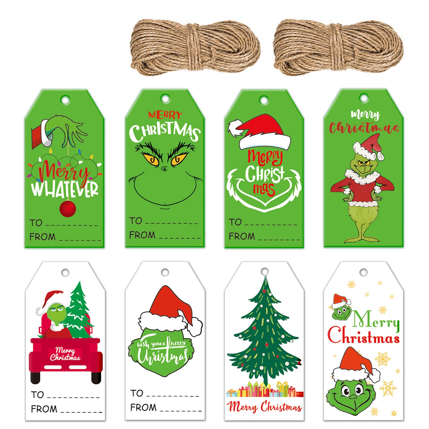 Doumeny 160PCS Christmas Gift Paper Tags Merry Christmas Present Tags Xmas Green Monster Name Tags Christmas Tree Holiday Tags Funny Gnome Hanging Labels with 98 Feet Twine for Crafts Gift Wrap Decor